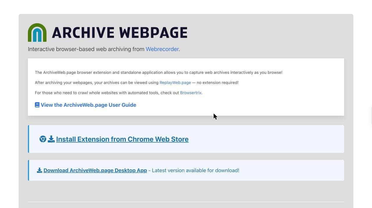 The ArchiveWeb.page homepage, describing interactive browser-based web archiving from Webrecorder, with links to install the browser extension from the Chrome Web Store or download the desktop app.