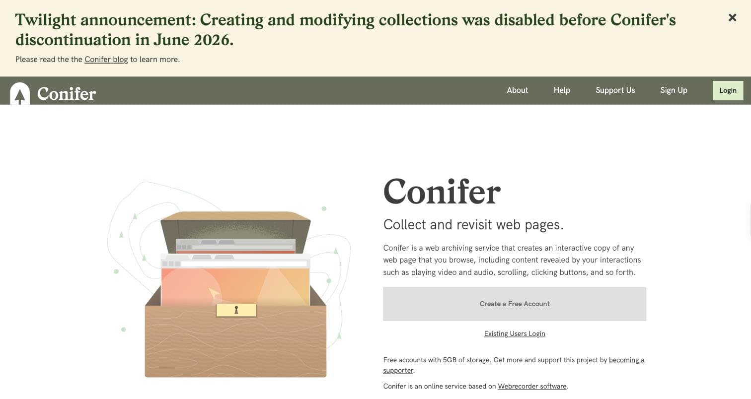 The Conifer homepage with a banner across the top reading 'Twilight announcement: Creating and modifying collections was disabled before Conifer's discontinuation in June 2026.'