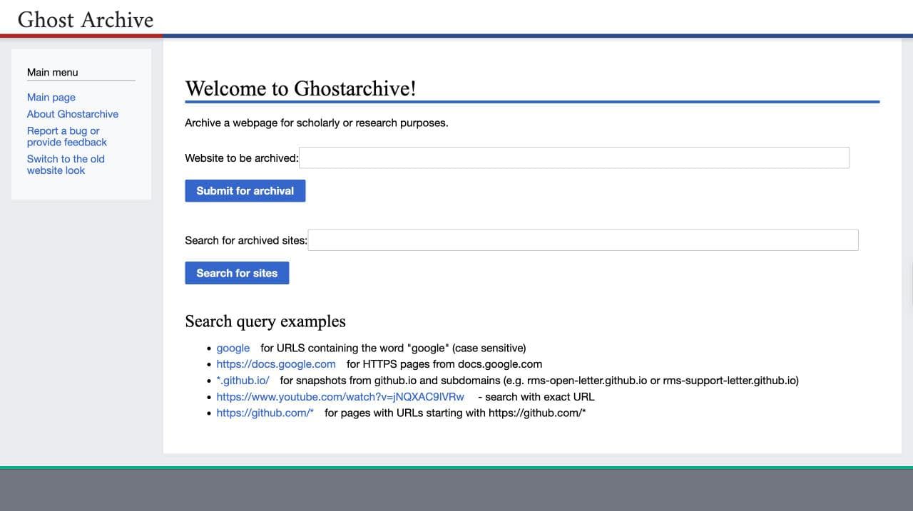 The Ghostarchive homepage, offering a field to submit a website for archival and a second field to search archived sites, with query examples including an exact YouTube watch URL.