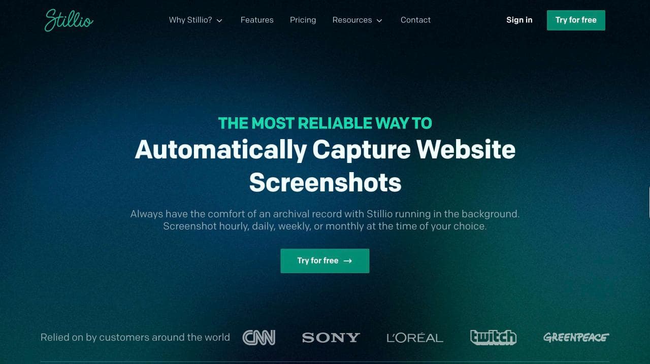 The Stillio homepage: a dark teal gradient with the headline 'The most reliable way to automatically capture website screenshots' and a line offering hourly, daily, weekly or monthly capture at a time of your choice.
