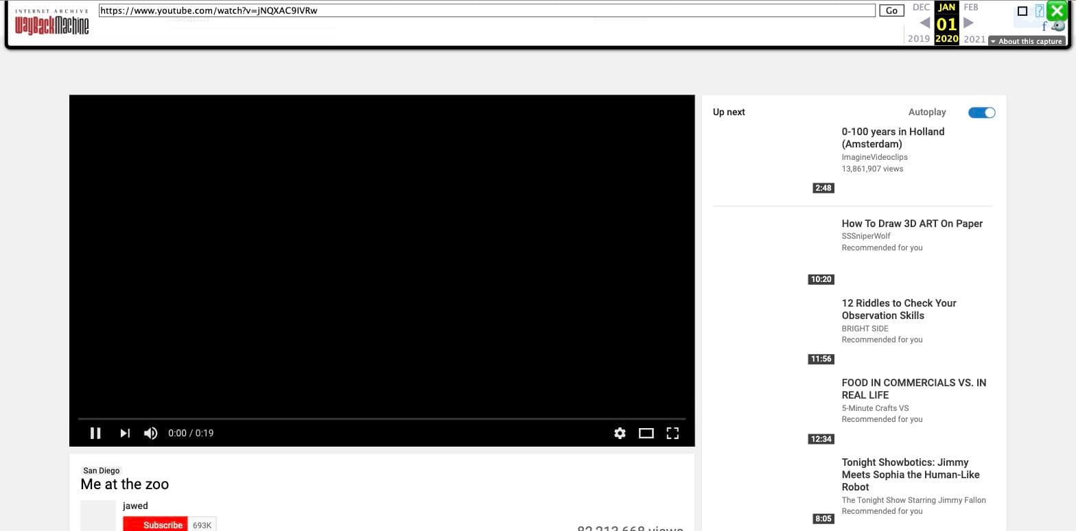 An archived YouTube watch page in the Wayback Machine, captured January 2020. The title Me at the zoo, the channel name, the 82 million view count, the subscribe button and the whole Up next sidebar all render normally, while the video player itself is a black rectangle showing a 0:00 of 0:19 timestamp that will not play.