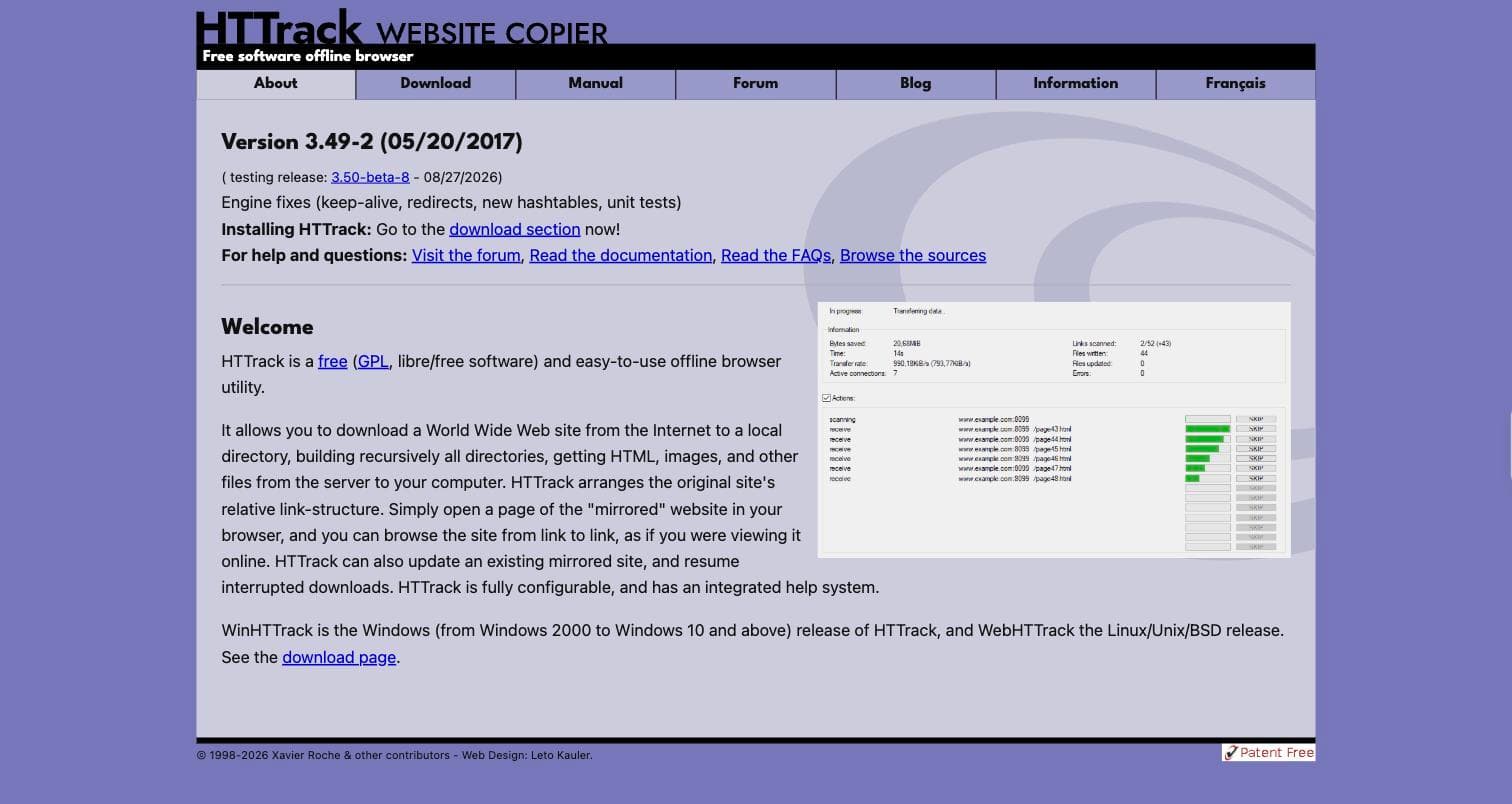The HTTrack Website Copier homepage, a free desktop website downloader and offline browser, showing a site downloader progress panel listing links scanned, files written and HTML pages received while it builds a copied website.