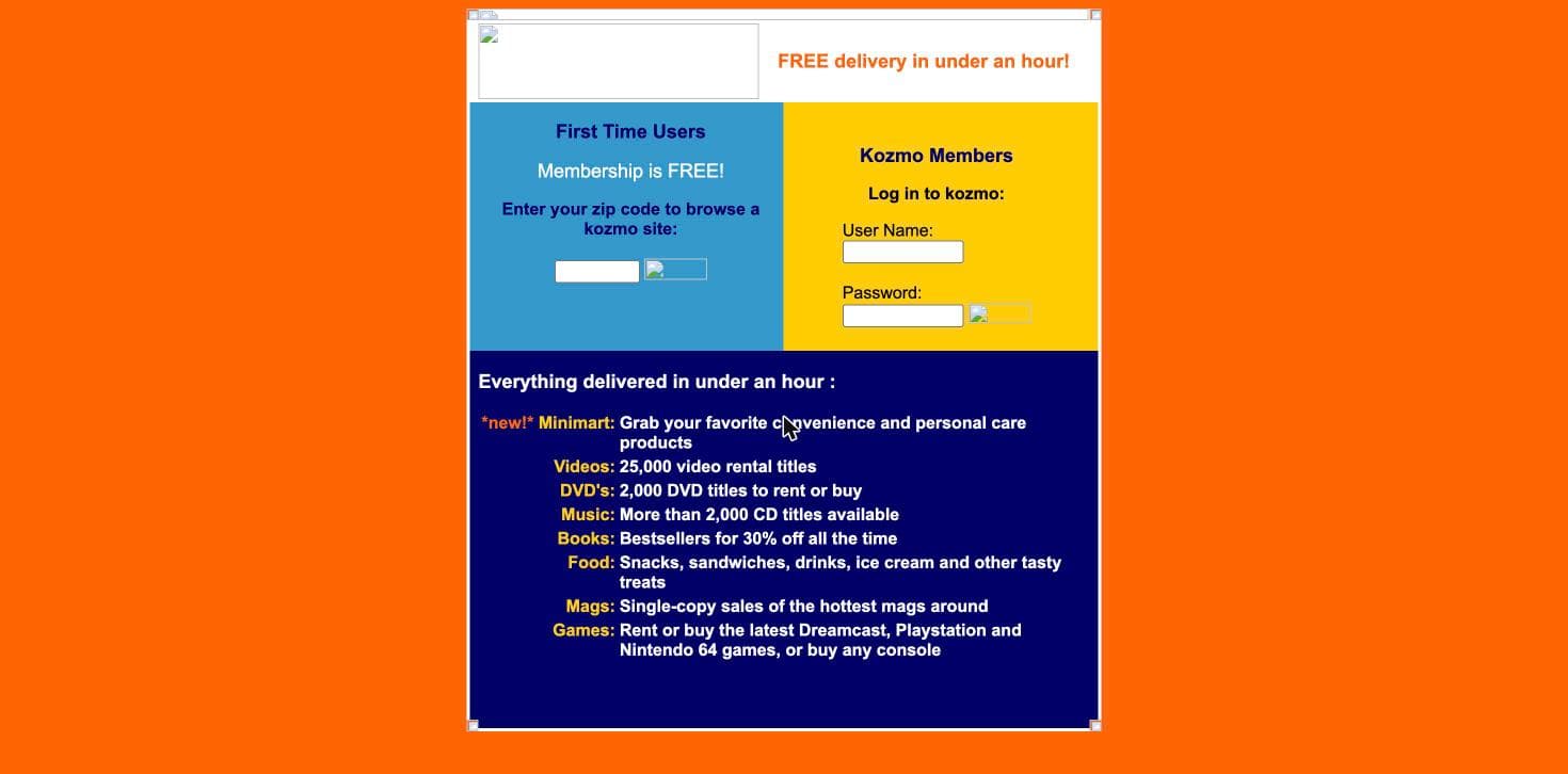 The recovered kozmo.com homepage rendering in a browser: an orange page offering free delivery in under an hour, panels for first-time users and members, and a list of categories including 25,000 video rental titles and Dreamcast game rentals.