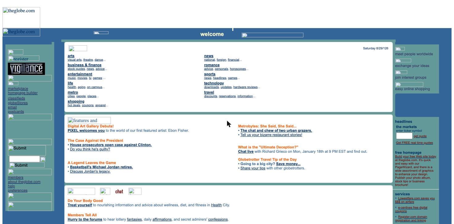 The recovered theglobe.com homepage from January 1999. The layout, navigation and headlines about Michael Jordan retiring and the Clinton impeachment case all render, but most images show as broken placeholders.